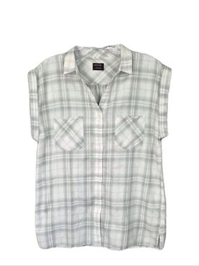Untuckit Womens Villefranche Button Up Cap Sleeve Top Size 8 Gray/Ivory Plaid